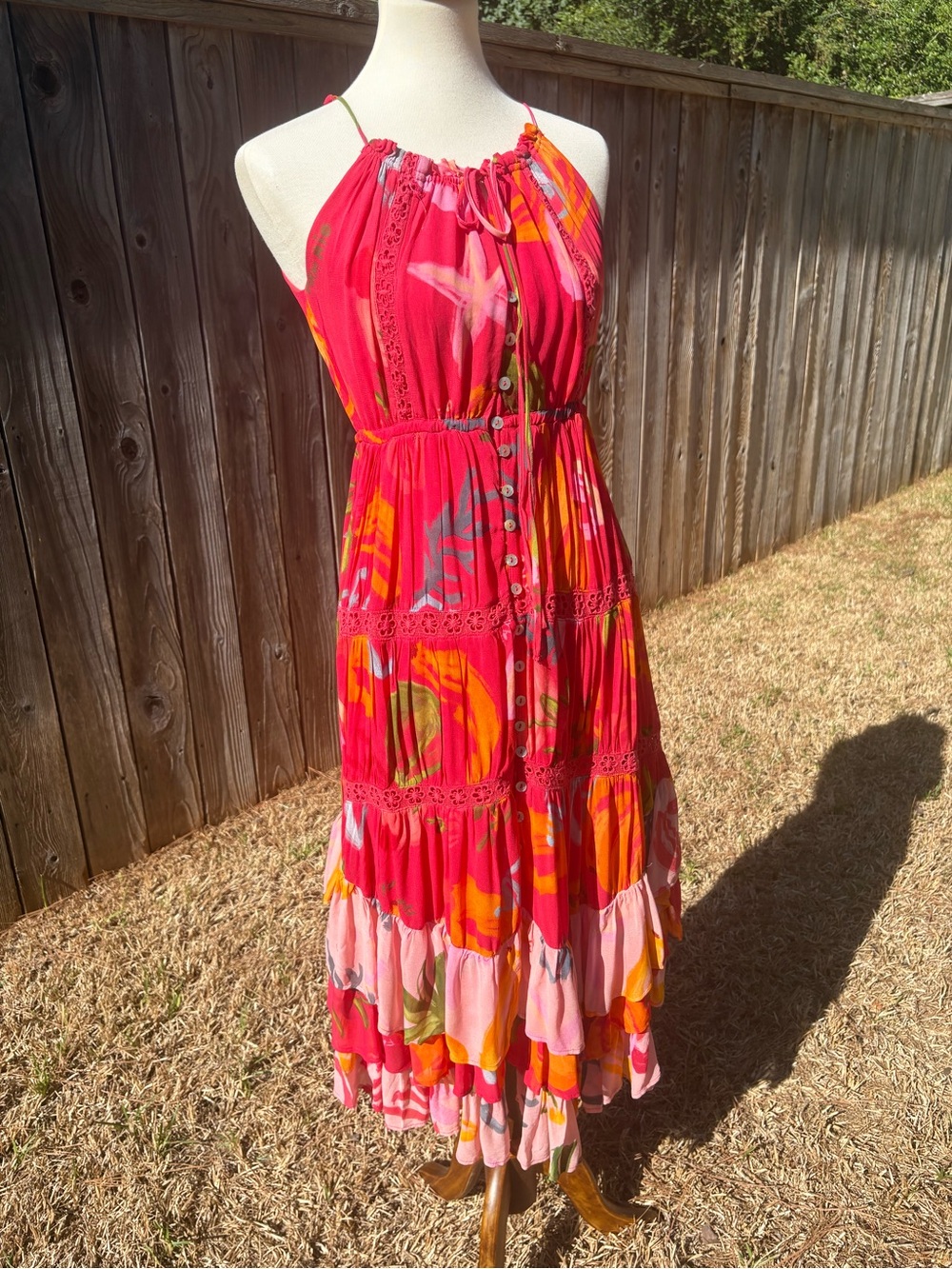 FARM Rio Pink and Orange Floral Midi Halter Dress